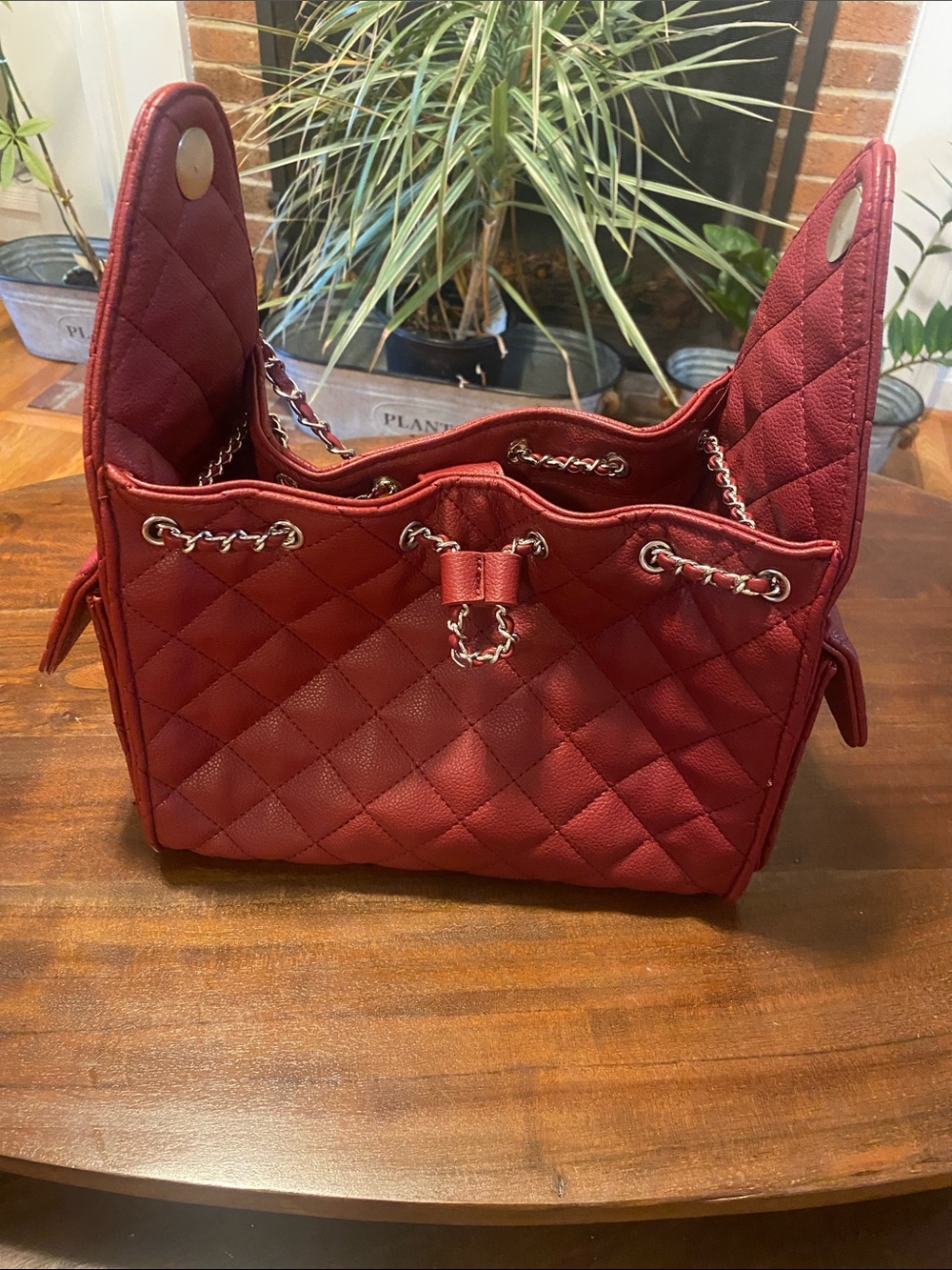Source Unknown Quilted Drawstring Shoulder Bag - Wine Red faux leather